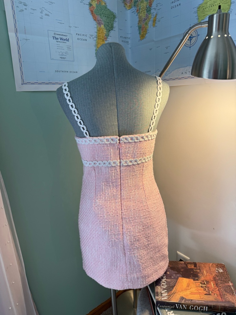 Avec Les Filles Pink Tweed Mini Dress with White Crochet Straps - Picture 3 of 4